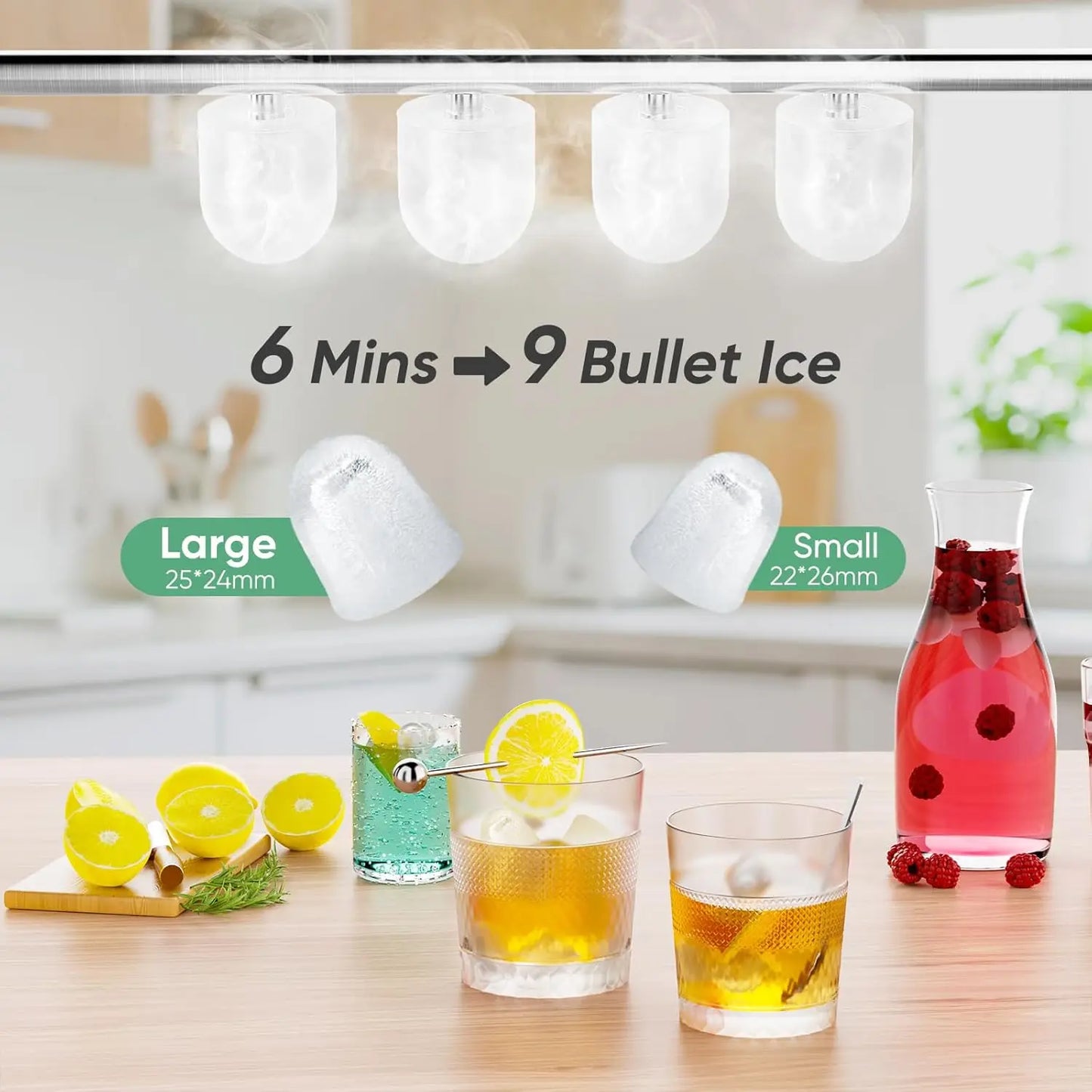 Fast Ice Maker: 26.5lbs/Day, Self-Cleaning, 2 Bullet Sizes