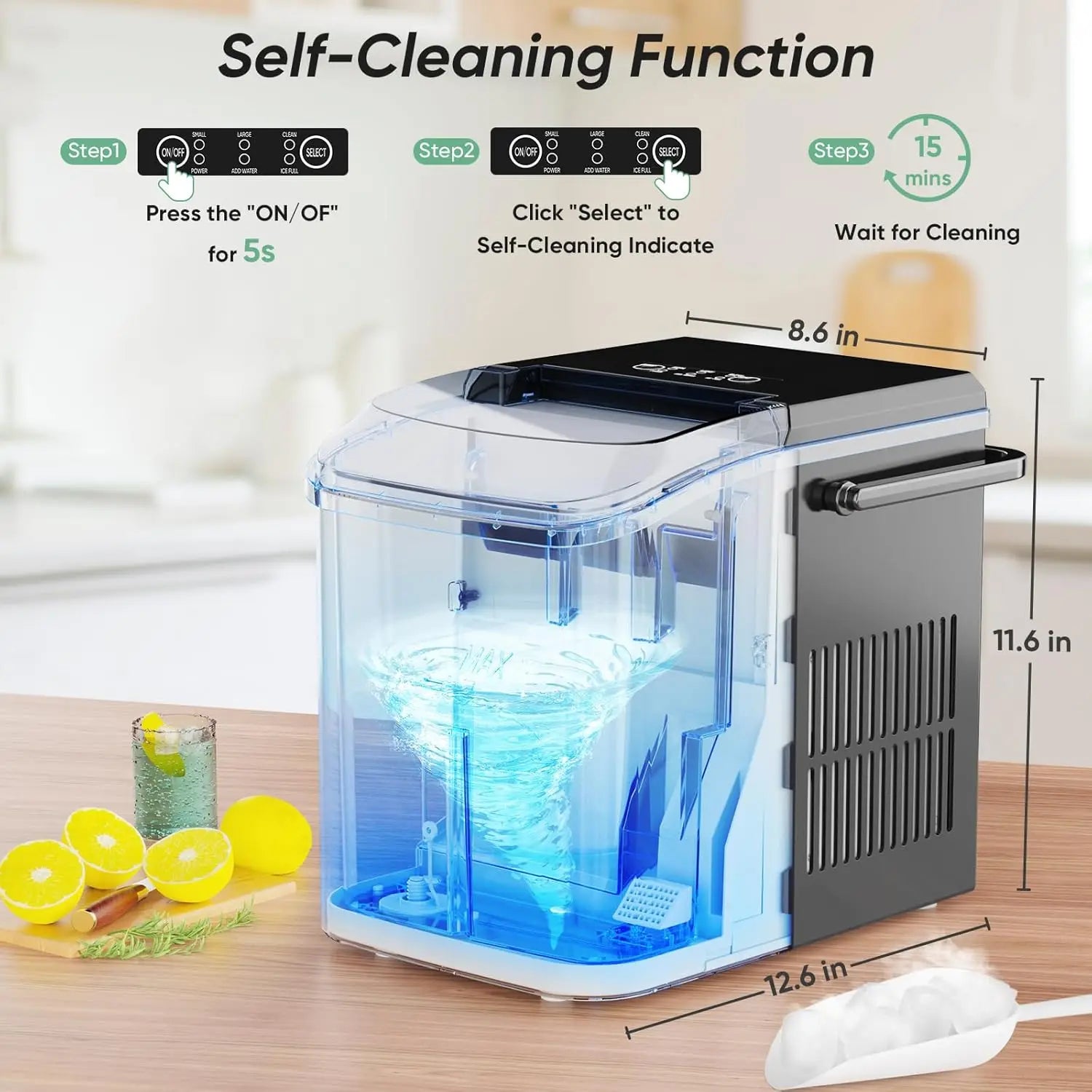 Fast Ice Maker: 26.5lbs/Day, Self-Cleaning, 2 Bullet Sizes