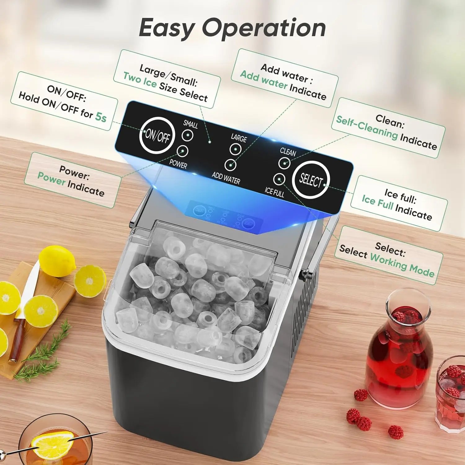 Fast Ice Maker: 26.5lbs/Day, Self-Cleaning, 2 Bullet Sizes